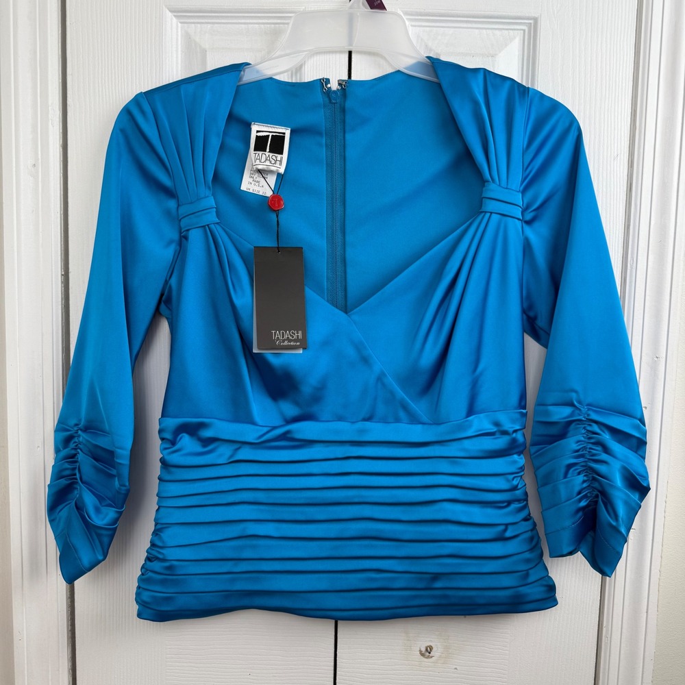 Tadashi Collection Blue Ruched Satin‎ Top 10 NWT Draped Pleated Blouse USA